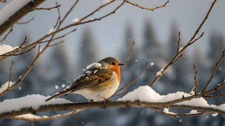 A robin is sitting on a branch covered with snow in winterの素材