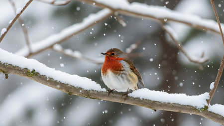 Robin bird (Erithacus rubecula) sitting on a branch covered with snowの素材