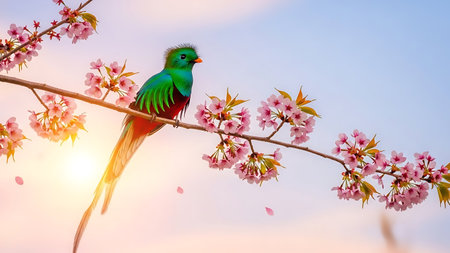 Bird on Cherry blossom sakura background with copy space for textの素材