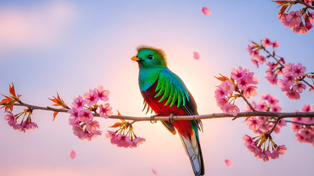 Colorful bird on a branch of cherry blossoms with pink sakuraの素材