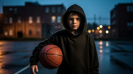 Portrait of a teenage boy in a black hoodie with a basketball on the background of a basketball courtの素材