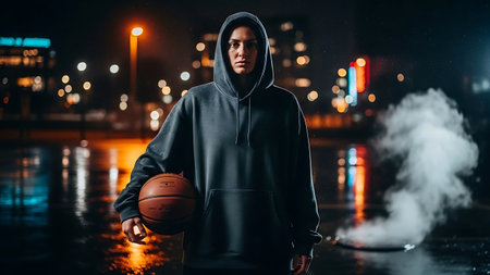 Portrait of a young man in hoodie with basketball ball on the street at night.の素材