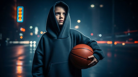 Portrait of young man in hoodie holding basketball ball in handの素材