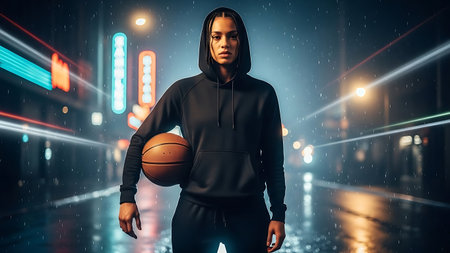 Young african american woman in hoodie with basketball ball in hand. Mixed mediaの素材