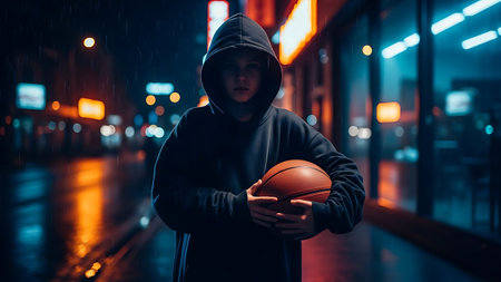 Young man in hoodie with basketball ball on street at night.の素材