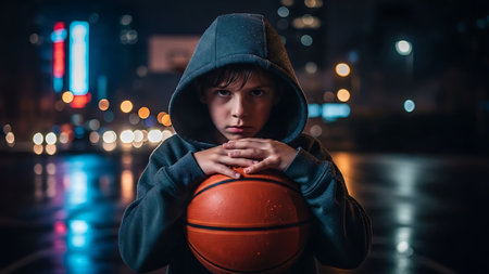 Portrait of a boy in a hoodie with a basketball on the street at nightの素材