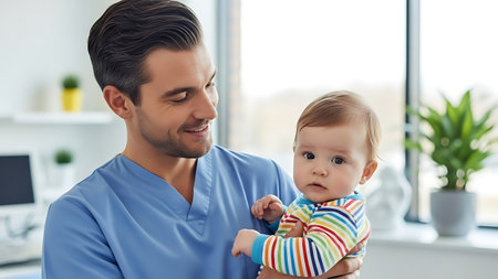 happy father holding adorable baby in hands and looking at it in clinicの素材