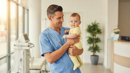 happy male doctor with baby at hospital corridor. healthcare and medicine conceptの素材
