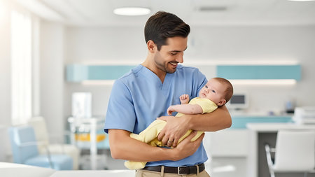 happy father with newborn baby at hospital ward or nursery. fatherhoodの素材