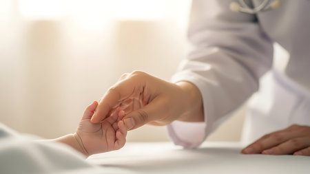 Doctor and patient shaking hands, closeup of hands. Healthcare and medical conceptの素材