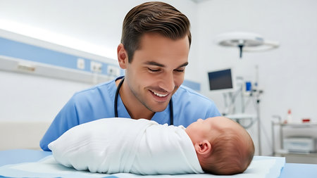 Portrait of happy doctor holding newborn baby while lying on table in clinicの素材