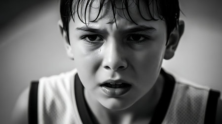 Portrait of a boy in a black and white photo. The boy is sad.の素材
