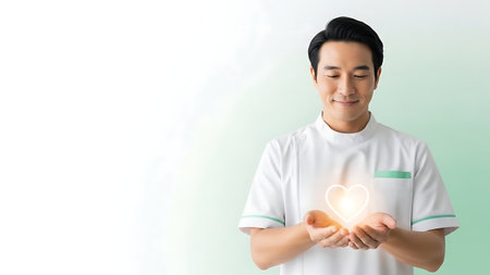 Young asian male doctor holding a glowing heart with copy space.の素材
