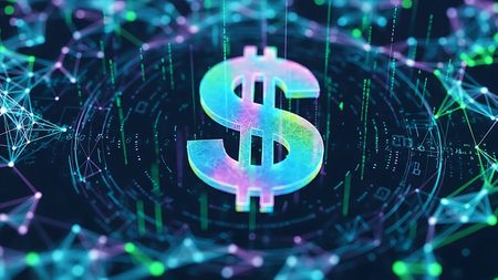 Digital dollar symbol on digital background. Finance and money concept. 3D Renderingの素材