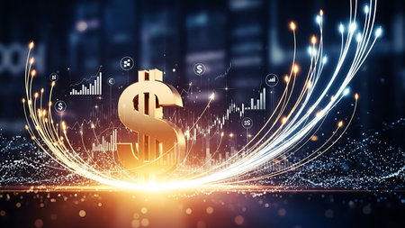 Digital glowing dollar symbol on abstract background. Finance and banking concept. 3D Renderingの素材