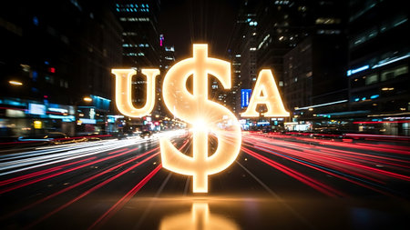 Digital glowing dollar sign on the road with motion blur light trails backgroundの素材