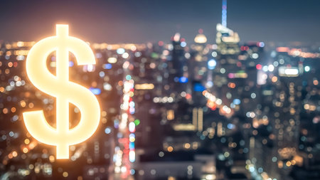 Dollar sign on blurred city night light bokeh background.の素材