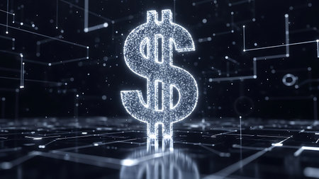 Digital glowing dollar symbol on a dark background. 3D Renderingの素材