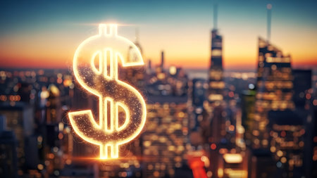 Dollar sign on blurry city background. Finance and money concept. Double exposureの素材