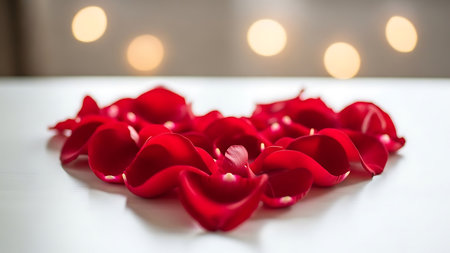 Red rose petals on a white table with bokeh backgroundの素材