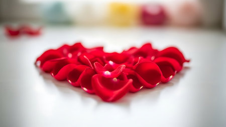 Red rose petals in heart shape on white background. Valentines day concept.の素材
