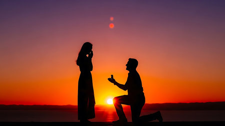 Silhouette of a loving couple on the background of the setting sunの素材