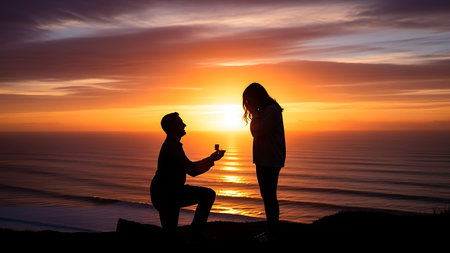 Silhouette of a couple taking a selfie with a mobile phone at sunsetの素材