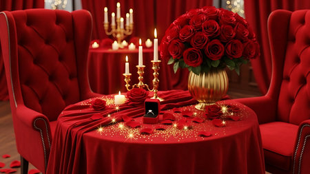 Valentine's day romantic dinner with red velvet armchairs, candlesticks, candles and flowers - 3d renderingの素材