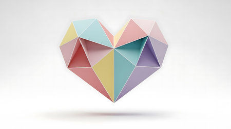 Colorful origami heart on white background. 3D rendering.の素材