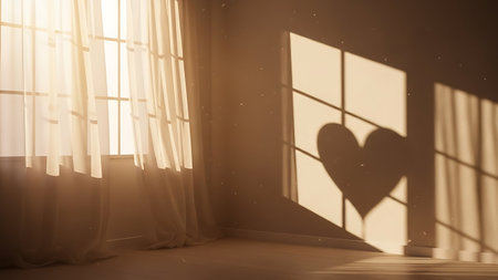 Empty room with window and heart. Valentines day concept. 3D Renderingの素材