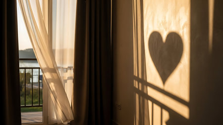 Window with curtains and a heart in the rays of the setting sunの素材