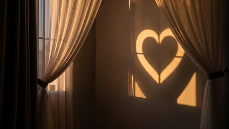 Silhouette of a heart in the window with a curtain.の素材