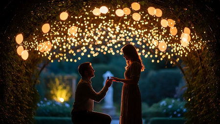 Young man proposing to his girlfriend in the park at night. Bride and groom.の素材