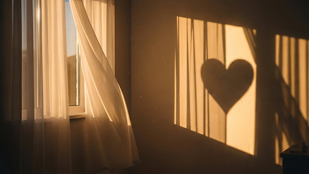 Silhouette of a heart and curtains on the window at sunsetの素材