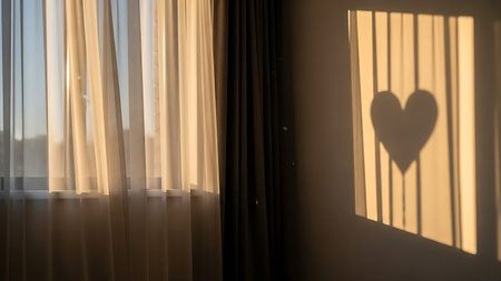 Silhouette of a heart on a window with a curtain.の素材