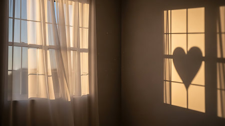 Silhouette of a heart in the window with curtains and sunlightの素材