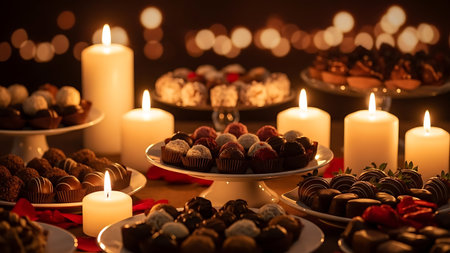 Close up of assorted chocolates with burning candles on wooden tableの素材