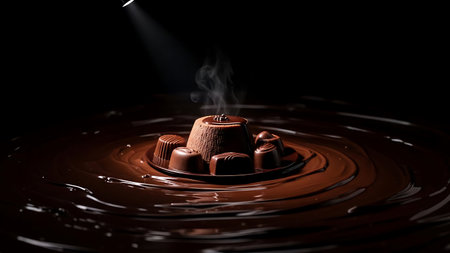 Chocolate fondue with chocolate pieces and smoke on a black backgroundの素材