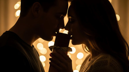 Young couple in love kissing on christmas background with bokehの素材