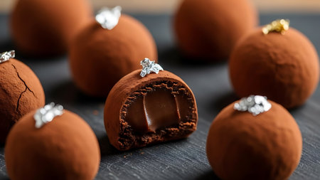 Chocolate truffles on a black background, close-upの素材