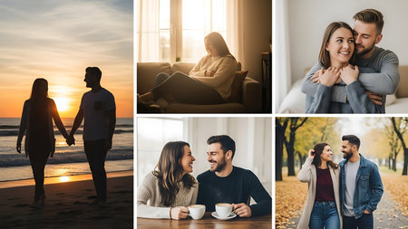 collage of happy young couple holding hands and drinking coffee at homeの素材