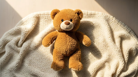 Cute teddy bear on knitted plaid at home.の素材