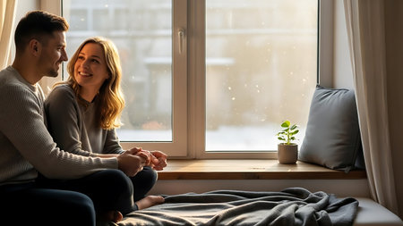 Young couple sitting on the windowsill and looking at each other.の素材