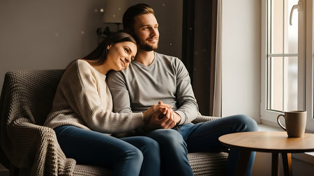 Beautiful young couple sitting on sofa at home, hugging and smilingの素材