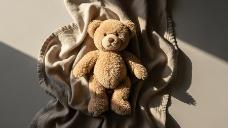 Teddy bear in the sun, soft focus background, copy spaceの素材