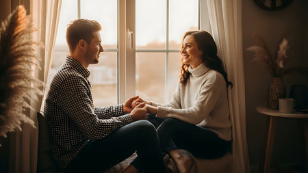 Beautiful young couple is sitting on the windowsill and smiling.の素材