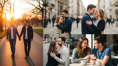 collage of smiling friends drinking coffee and talking on street in cityの素材