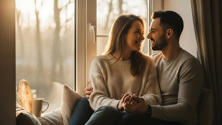 Beautiful young couple sitting on windowsill and looking at each otherの素材