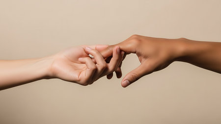 Cropped image of woman and man holding hands isolated on beigeの素材