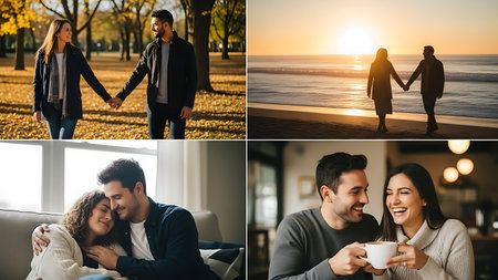 collage of happy young couple holding hands and looking at each other while enjoying coffee in parkの素材